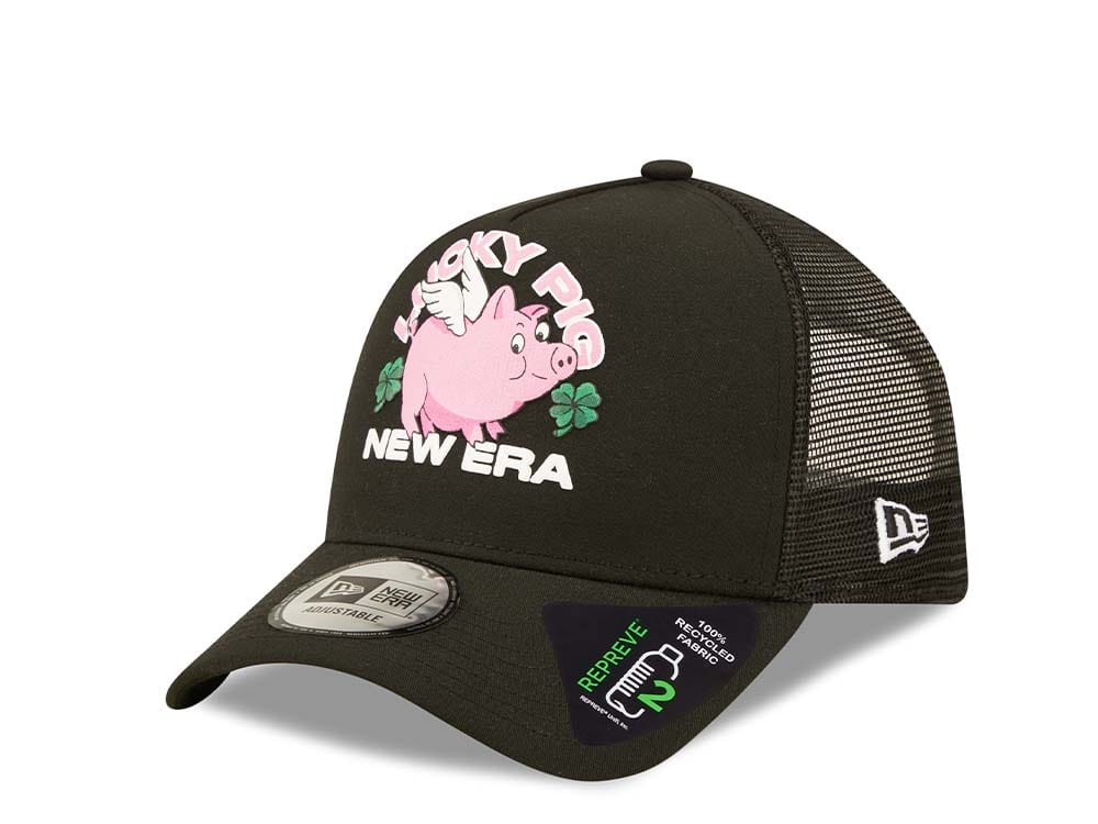 New Era Lucky Pig Logo Black A Frame Trucker Snapback Gorra