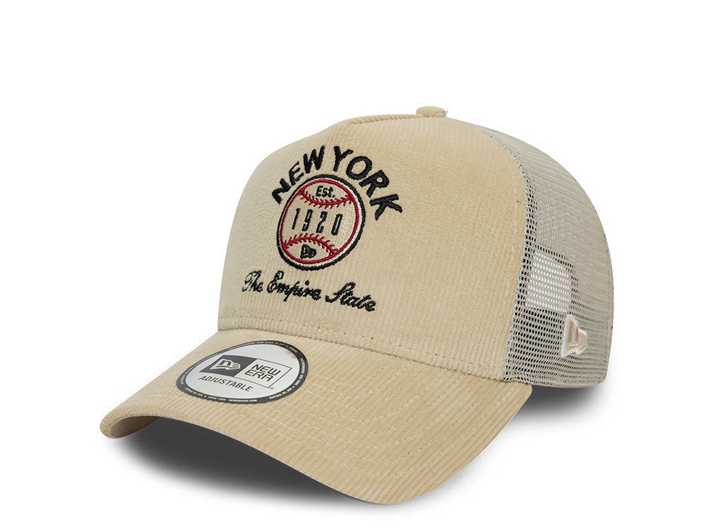 New Era Logo Cord Beige A Frame Trucker Snapback Gorra