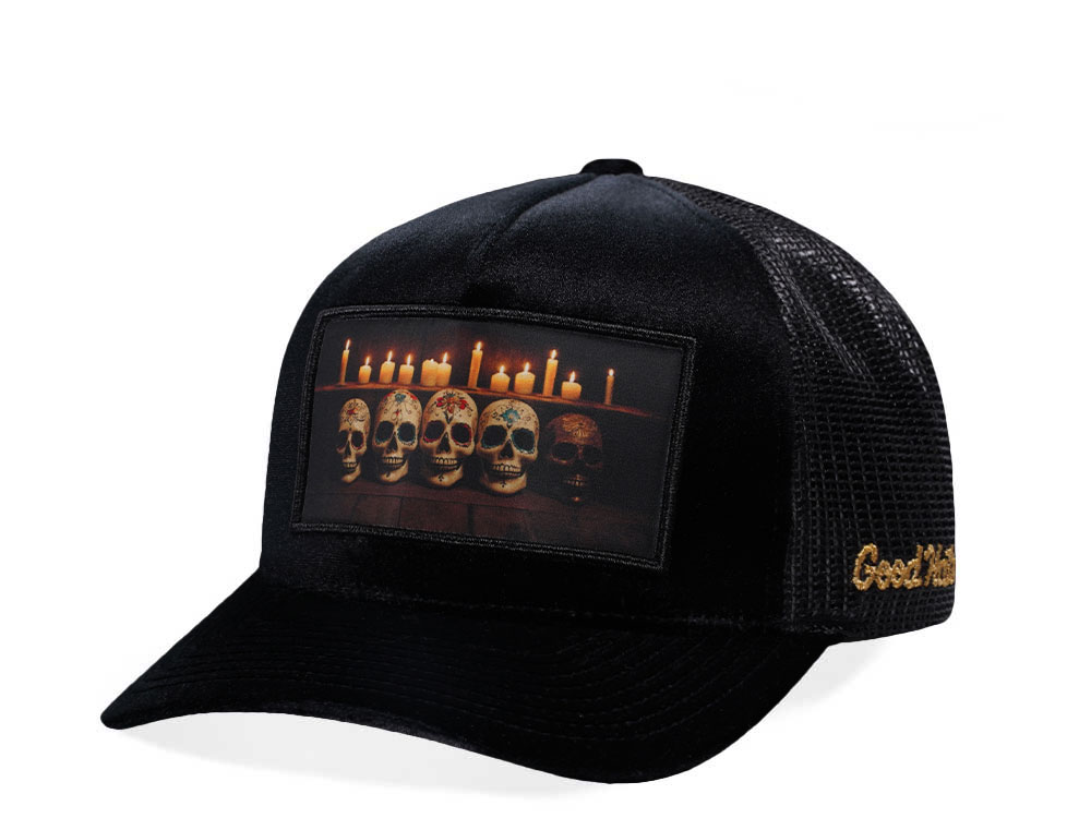 Good Hats Day Of The Dead Black Velour Trucker Snapback Gorra