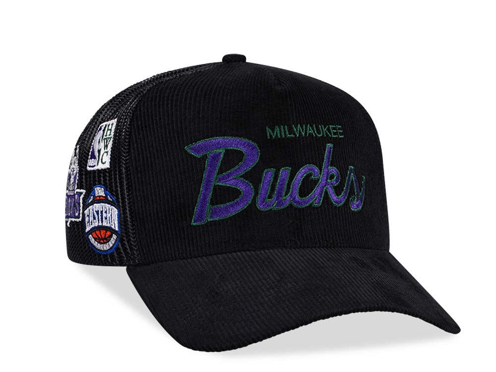 Mitchell & Ness Milwaukee Bucks Times up Black Cord Hardwood Classic Trucker Snapback Gorra